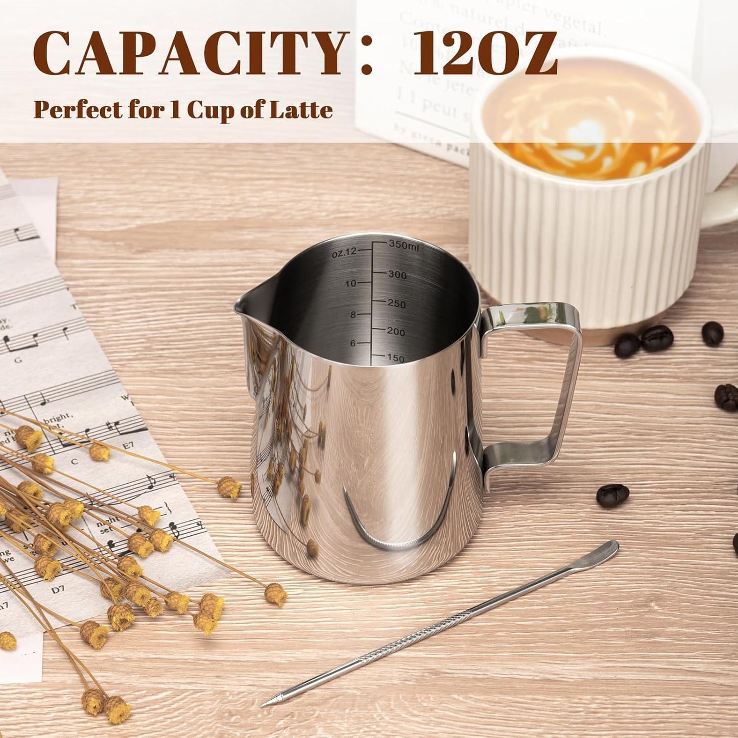 Milk Frothing Pitcher for Coffee, Barista Steaming Jug (12 Ounces/350ml)