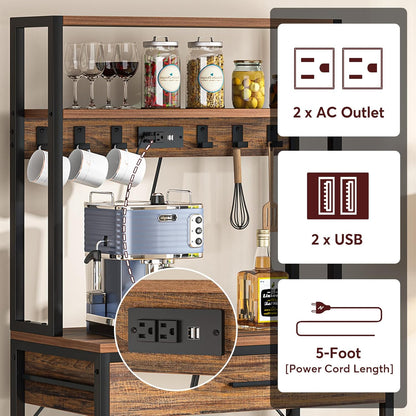 LITTLE TREE Kitchen Baker’s Rack with Power Outlets, Freestanding 5-Tier Microwave Stand with Drawers & Sliding Shelves, Coffee Bar with 6 Hooks for Dining Room Living Room, Rustic Brown