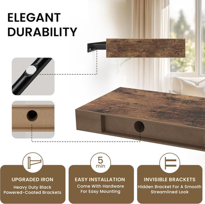Floating Shelves for Wall, 31.5"W x 6.7"D x 1.5"H, Wooden Wall Mounted Display Shelf with Invisible Brackets for Living Room, Bedroom, Bathroom, Kitchen Decor & Storage, Set of 2, Rustic Brown