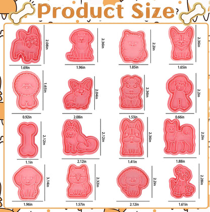 16 Pcs Dog Cookie Cutters with Plunger Stamps Set 3D Puppy Bone Shape Biscuit Cutter Funny Cartoon Cookie Stamps Stamped Embossed Dog Cookie Cutters for Treats DIY Cookie Cake Baking Supplies