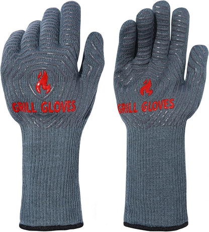 QUWIN BBQ Gloves, Oven Gloves 1472℉ Extreme Heat Resistant, Grilling Gloves Silicone Non-Slip Oven Mitts, Kitchen Gloves for BBQ, Grilling, Cooking, Baking-1 Pair… (Grey, One Size(Long Cuff))