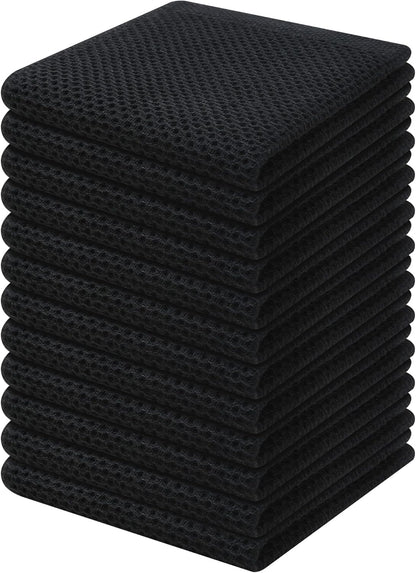 Kitinjoy 100% Cotton Kitchen Dish Cloths, 12 Pack Waffle Weave Ultra Soft Absorbent Dish Towels for Drying Dishes Quick Drying Kitchen Towels Dish Rags, 12 X 12Inch, Black