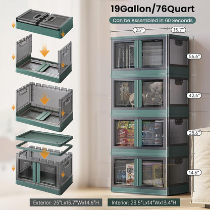 19Gal Collapsible Storage Bins with Lids & Wheels - 1 Pack Stackable with Doors, Heavy-Duty Plastic Containers for Home/Office, Green