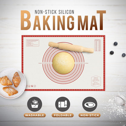 28 * 20 inches Red, Non-Slip Silicone Baking Sheets - Baking Mat with 0.7mm Thickness - Non-Stick Pastry & Cookie Mat for Kitchen Counter for Rolling Out Dough with Measurements.