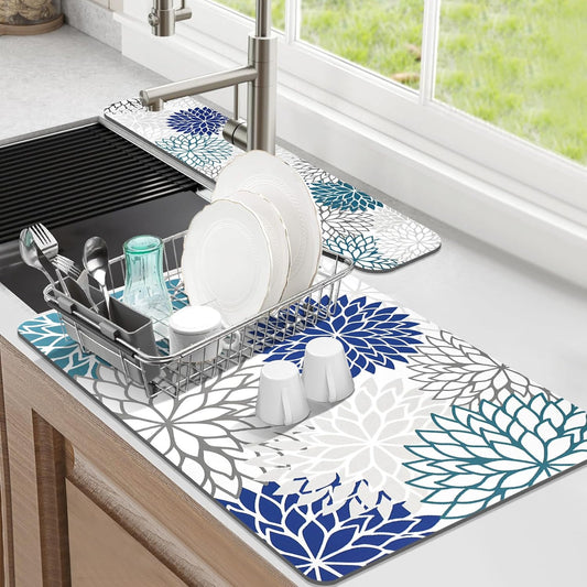 Findosom 2PCS 12" x 20" Dish Drying Mat & 24" x 5.5" Sink Splash Guard, Super Absorbent & Cuttable Dish Mat Drying Kitchen Mat with Blue Floral, Hide Stain Drying Mat for Kitchen Counter