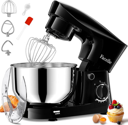Facelle Stand Mixer, 10-Speed 6QT Kitchen Electric Mixer, Tilt-Head Food mixer with Beater, Dough Hook, Wire Whip and Egg Separator, scraper for Most Home Cooks - Black