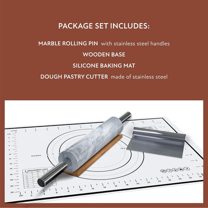 White Marble Rolling Pin with Stainless Steel Handles Baking Set - Silicone Baking Mat, Bench Scraper, Wooden Base
