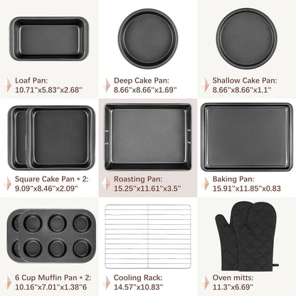12PCS Nonstick Baking Pans Set - Stackable Bakeware Sets with Wider Grip, Carbon Steel Baking Set Including Cookie Sheets for Baking, Muffin Pan, Loaf Pan, Cake pan, Roasting Pan, Oven Mitts