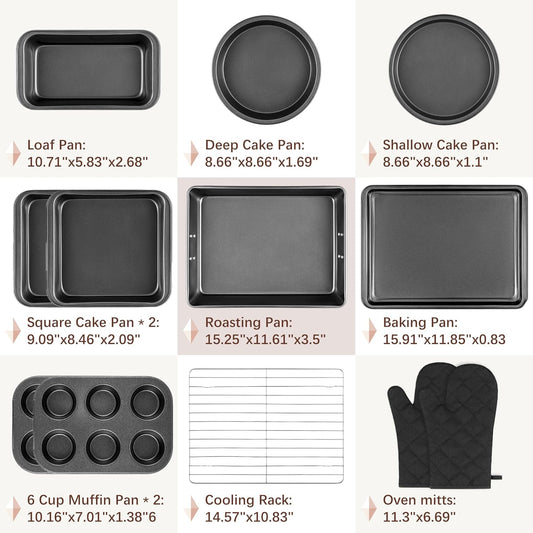 12PCS Nonstick Baking Pans Set - Stackable Bakeware Sets with Wider Grip, Carbon Steel Baking Set Including Cookie Sheets for Baking, Muffin Pan, Loaf Pan, Cake pan, Roasting Pan, Oven Mitts