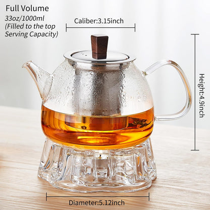 34OZ/1000ml Glass Teapot with Stainless Steel Infuser, Drip-Free Spout, and Wooden Knob Lid – Stovetop Safe Borosilicate Tea Kettle for Loose Leaf and Herbal Tea Brewing
