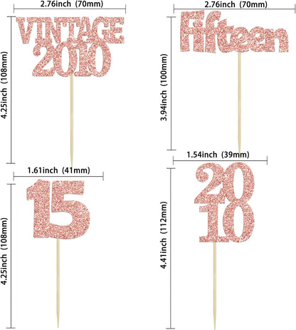 Gyufise 24Pcs 15th Birthday Cupcake Toppers Glitter Fifteen Vintage 2010 Hello 15 Years Birthday Cupcake Picks Sweet 15 Cake Decorations for Happy 15th Anniversary Party Supplies Rose Gold