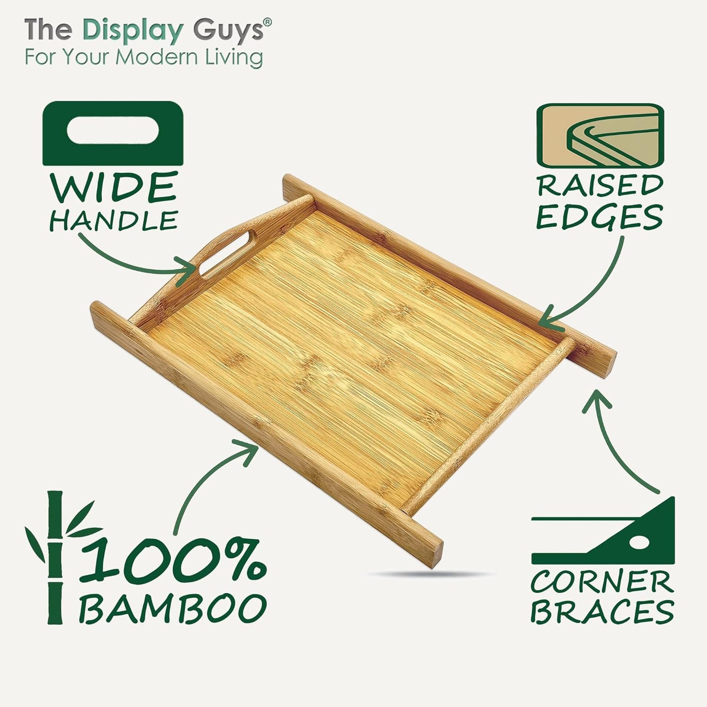 Natural Bamboo Serving Tray w/Handles (Large) - Decorative Platter for Food, Breakfast, Wooden Coffee Table, Ottoman, Couch, Picnic by The Display Guys