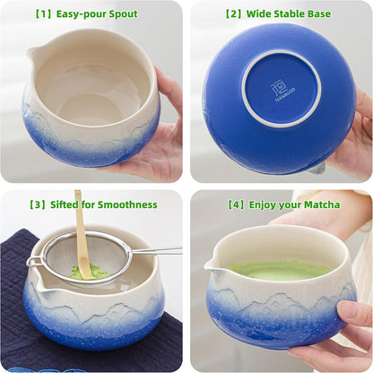 TEANAGOO 7 Pcs Matcha Whisk Set,Blue Matcha Set, Ceremony Matcha Powder Kit,Matcha Tea Set for Making Latte,Matcha Whisk Set and Bowl with Scoop&Sifter,Fuji Design Ceramic Bowl,Gift for Matcha Lovers