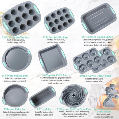 To encounter 30 in 1 Silicone Baking Set - 10 Silicone Baking Cake Pan, Baking Sheet, Donut Molds, Muffin Pan with Measuring Cups and Spoons Set