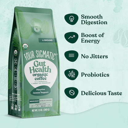 Four Sigmatic Gut Health Organic Ground Coffee | Medium Roast, Immune Boosting Probiotic Mushroom Coffee with Chaga & Turkey Tail for Gut Health & Immune Support | 12oz Bag