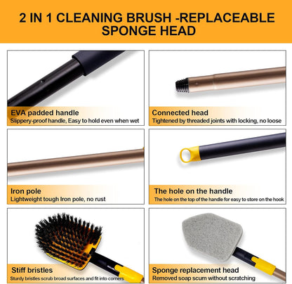 Yocada Tub Tile Scrubber Brush 2 in 1 Cleaning Brush 58.2 Inch Adjustable Telescopic Pole Stiff Bristles Scouring Pads for Cleaning Bathroom Kitchen Toilet Wall Tub Tile Sink Non Scratch