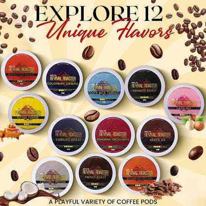 InfuSio Coffee Pods Variety Pack – 96 Count, 12 Crafted Medium & Dark Roast Blends and Artisan-Inspired Flavors Like Bourbon Pecan & Butter Toffee, Revival Roaster Collection, Compatible with Keurig 2.0 Brewers