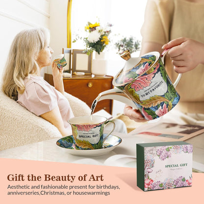 ACMLIFE Porcelain Tea Set for Adults, 15-Piece Green Bone China Tea Set for Women, Tea Cups and Saucers Set Service for 4, Gift (green, large set 13)
