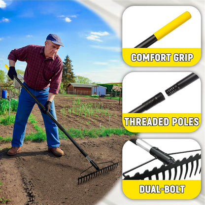 Bow Rake, 68-Inch Adjustable Handle Garden Rake with 17 Steel Tines, Heavy Duty Dual-Sided Metal Rake Landscape Gardening Tool for Soil Loosening Lawn Yard Leaves Mulch Thatch Removing