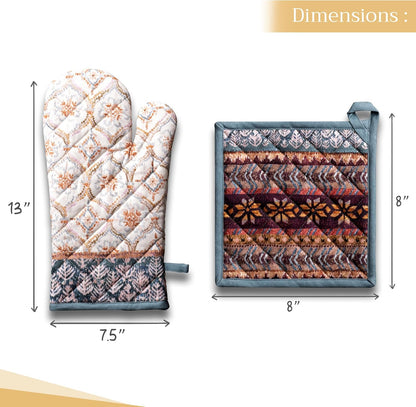 Maison d' Hermine 100% Cotton Oven Mitt & Pot Holder Set (7.5"x13" & 8"x8") Heat Resistant BBQ Cooking Gloves with Loop, Baking, Grilling, Kitchen, Handling Hot Pans (Fair Isle)
