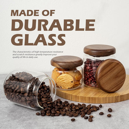1 PC Small Glass Storage Jars with Airtight Lids, 14 FL OZ (420ml) coffee container with Wooden Lid, Glass Pantry Canister for Beans, Rice, Sugar and etc