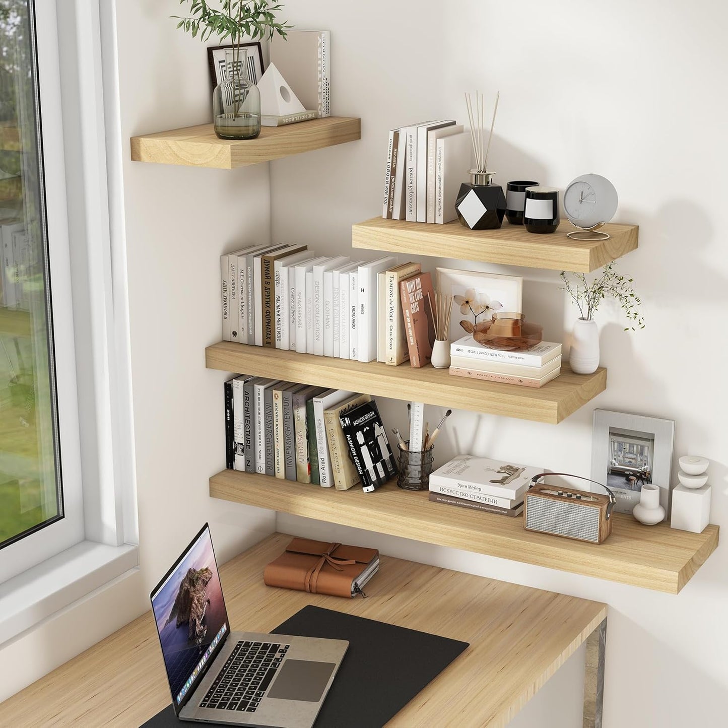 48" Solid Wood Floating Shelves, 9.3 Inch Deep Floating Shelves for Wall, Rustic Wooden Shelves for Wall Decor, Large Fireplace Mantel for Storage, Deep Floating Shelf Set of 1, Burlywood