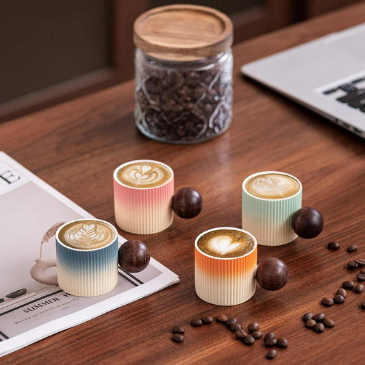 Ceramic Mini Espresso Cups Demitasse Cups with Round Wooden Handle Vertical Stripes Tea Cups (Beige&Green, 2pcs)