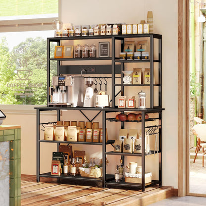 SUPERJARE Larger Bakers Rack with Power Outlets, 6-Tier Microwave Stand, Coffee Bar with 12 S-Shaped Hooks, Kitchen Shelf with Wire Basket, 47.2 x 15.5x 66.9 Inches, Black