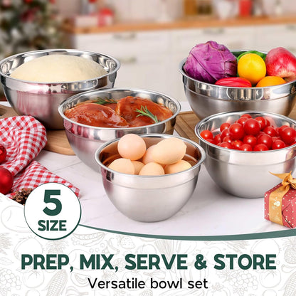 Stainless Steel Mixing Bowls with Black Lids, Metal Nesting Mixing Bowl Set of 5 - Size 1.5, 2, 2.6, 3.5, 4.6QT