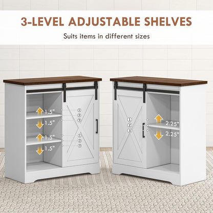 HOMCOM Farmhouse Coffee Bar Cabinet, 33" Buffet Sideboard with Sliding Barn Door and Adjustable Shelf, Kitchen Buffet Cabinet, White