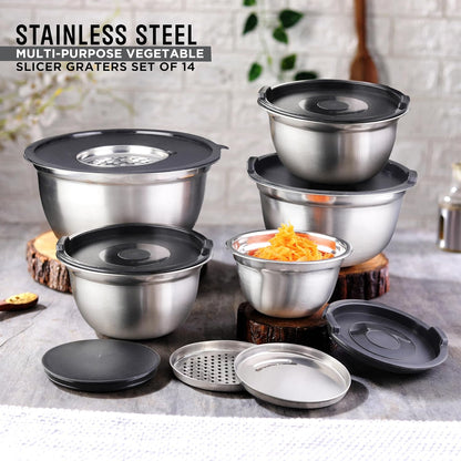 AVADOR Premium Stainless Steel Mixing Bowls Sets Brushed Stainless Steel Mixing Bowl Set, Easy To Clean, Space Saving, Great for Cooking, Baking, Prepping Needs (8 pc with Lid and Grater)
