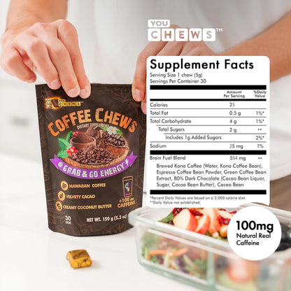 YouChews Coffee Chews - Grab & Go Energy with 100mg per Chew of Clean, Green Caffeine. With Real Organic Ingredients, Low Sugar, Great Bold Taste & Long Lasting Energy Boost (30 Chews Pack)