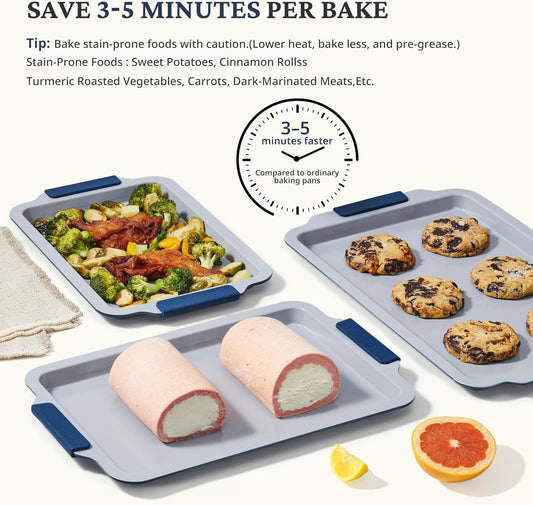 BRONYPRO Non Stick Ceramic Baking Sheet Pan Set of 3, Natural Non Toxic Cookie Sheets for Baking - PFOA, PTFE Free, Heavy Duty Aluminized Steel Oven Trays for Cooking with Silicone Handles, Navy