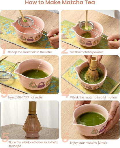 Matcha Whisk Set, 7 Pcs Pink Matcha Set Includes Matcha Bowl,Matcha Whisk and Holder, Bamboo Scoop, Scoop Rest, Sifter and Tea Towel -Matcha Kit for Matcha Lovers