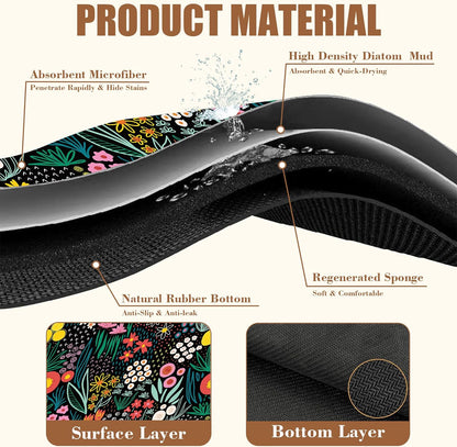 Dish Drying Mat Doodle Flower Meadow Coffee Bar Mat for Countertop Absorbent Rubber Backed Hide Stain Dish Drainer Rack Pad Coffee Pot Espresso Machine Dining Room Decoration 15.7 x 23.6 Inch