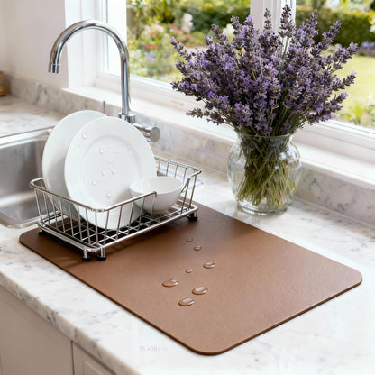 Dish Drying Mat Super Absorbent – 24" x 16" Coffee Mat for Countertops – Non-Slip Drying Mat for Kitchen Counter – Easy to Clean Water Absorbent Mat – Large Dish Drying Mats (Brown)