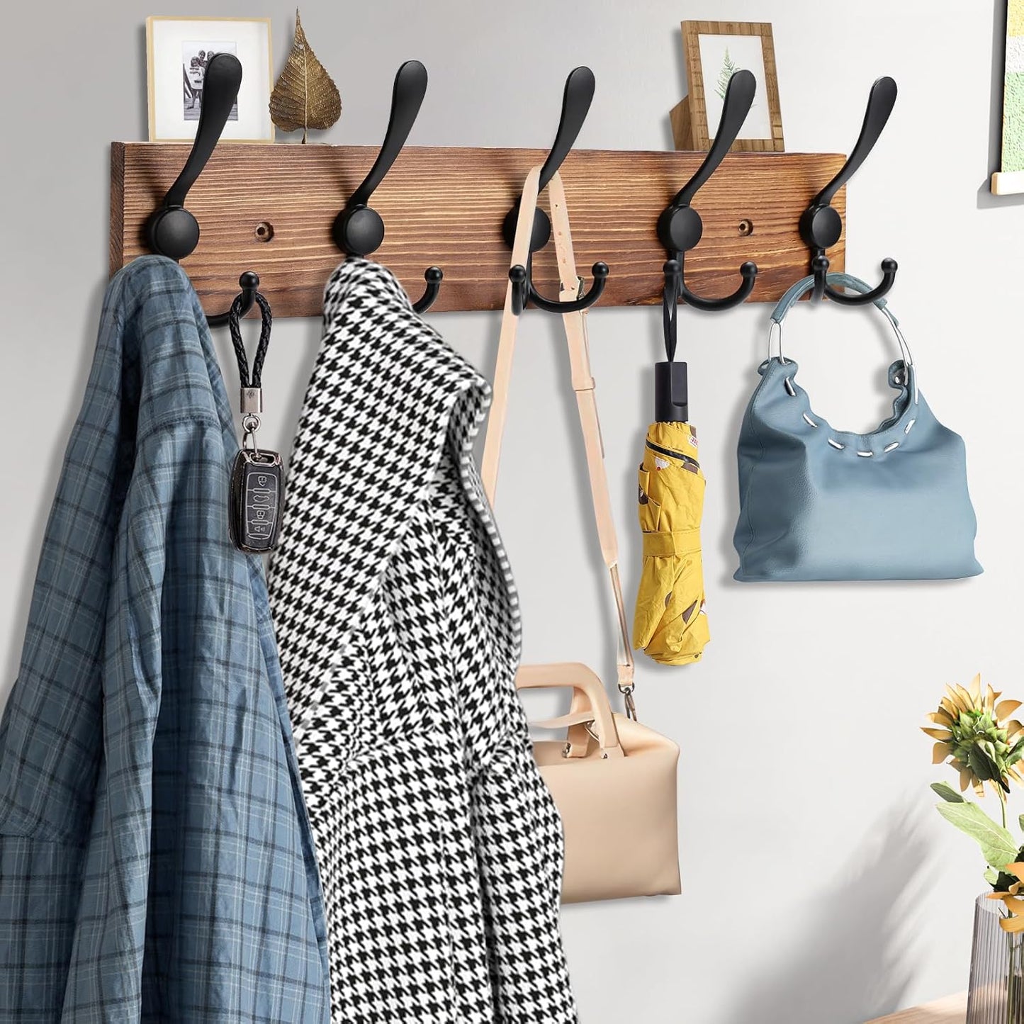 Coat Rack Wall Mount Wooden Hat Rack for Wall Hooks Pine Real Wood Plank 16.9" Brown Coat Hanger with 5 Triple Hooks for Hanging Coat Hat Jacket