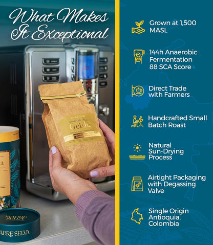 Colombian Geisha Coffee Whole Bean Medium Roast Arabica Gourmet Fresh Single Origin Premium Low Acid Exotic Notes Rich Aroma Smooth Flavor Quality High Altitude Giftable Pack Freshness Lock 8.8oz 250g