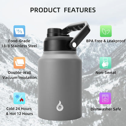 BJPKPK 64 oz Insulated Water Bottle, Dishwasher Safe Half Gallon Water Bottle with Ergonomic Handle, BPA Free Leak Proof Water Jug for Sports, Metal Thermos with Anti-slip Bottom, Grey