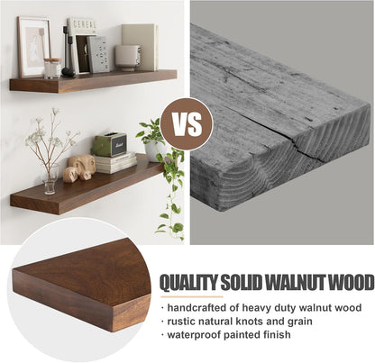 Floating Shelves for Wall, USA-Sourced Walnut Wood 36 Inch Long Wall Shelves Set of 2, Natural Wooden Wall Mounted Picture Ledge Shelf, Nursery Book Storage Shelf Kids Bookshelf, Display Shelf