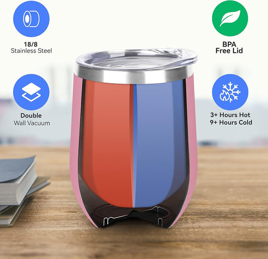 DOMICARE Stainless Steel Wine Tumbler Bulk with Lid, Personalized Insulated Tumblers Set, 12oz Travel Coffee Cups Pack of 16, Pink