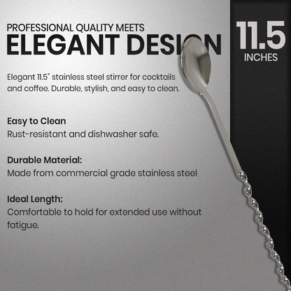 Rattleware Elegant Swirl Stem Bar Twist 11.5" Stirrer/Spoon - Commercial Grade Stainless Steel, Ideal for Drink & Coffee Enthusiasts, Perfect for Home & Commercial Use