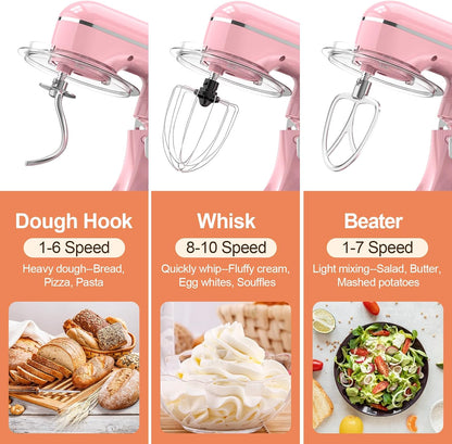 3-IN-1 Electric Stand Mixer, 6.5QT Bowl 660W 10-Speed Kitchen Mixer, Household Food Mixers include Dough Hook, Beater and Whisk, Bread Cake Mixer for Baking and Most Home Cooks, Pink