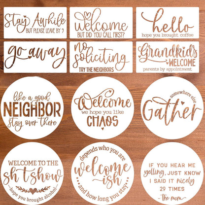 Funny Welcome Stencils for Painting Sarcastic Round Stencil Large Gather Stay Awhile Templates for Door Hanger,Doormat, Porch Sign, Wreath