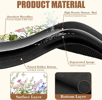 Watercolor Flower and Butterfly Dish Drying Mat for Kitchen Counter Absorbent Coffee Mat with Hide Stain Rubber Backed Espresso Machine Coffee Bar Accessories 11.8 x 19.7 Inch
