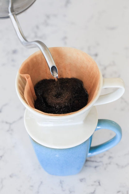Simply Charmed Ceramic Pour Over Coffee Maker with 40 Count Melitta Filters - Elegant Single Serve Coffee Dripper for Rich Brewed Pour Over Coffee - Base Measures 4", Height 3" - Brews 8-16 oz