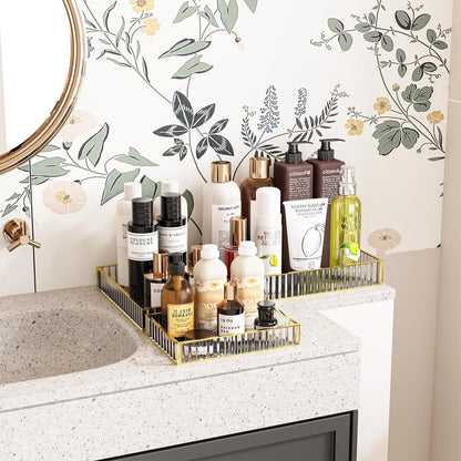 DAWNTREES Glass Vanity Tray, Bathroom Counter & Bedroom Dresser Organizer, Gold Border with Glass Bottom,Jewelry Makeup Perfume Display Trays for Home Decor,Set of 3 (Small, Medium, Large)