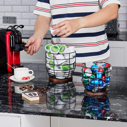 Yangbaga 2pcs Coffee Pod Holder - Large Capacity Black Wire K-Cup Holder With Wooden Base, Modern Basket Bar Decor for Station, Espresso Pods & Capsules, Fruit Snack Storage