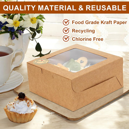 OAMCEG 50 PCS Cookie Boxes with Window, 6x6x3 Inch Cupcake Boxes, Brown Bakery Containers for Pastry, Dessert, Chocolate Strawberries, Treat Boxes with Stickers & Jute Twine
