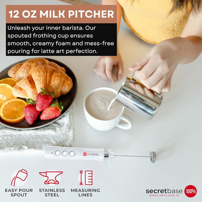 Secretbase 3 Speed Rechargeable Milk Frother, Pitcher, Charging Base - Handheld Mixer for Latte, Drinks, Matcha - Includes Cup, Electric Stirrer, Double-Whisk Frother for Coffee, Egg Beater (White)